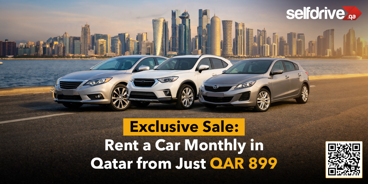 Three cars are parked on a road with the Doha skyline in the background at sunset. Text reads, "Exclusive Sale: Rent a Car Monthly in Qatar from Just QAR 899." The selfdrive.qa logo and a QR code are visible.